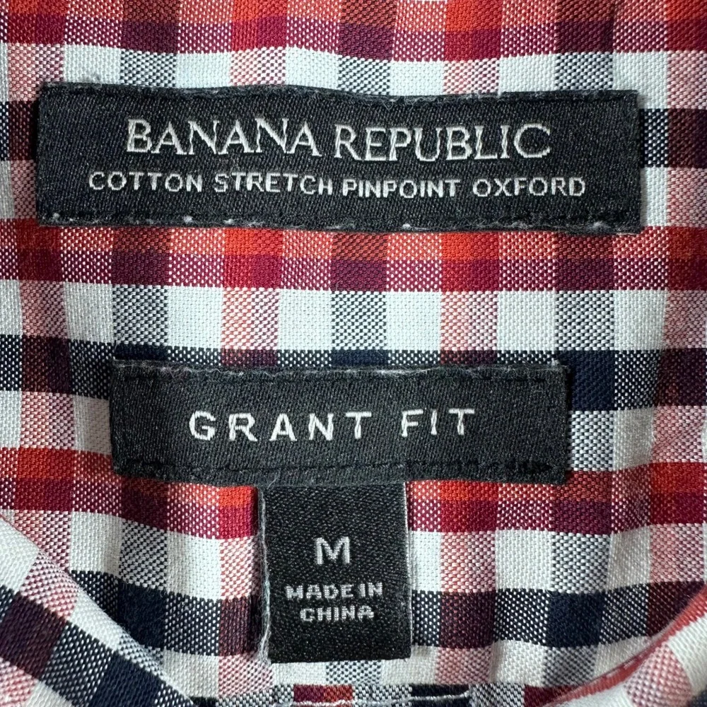 Banana Republic Button Down Mens M Medium Red Gingham Grant Fit Stretch Oxford